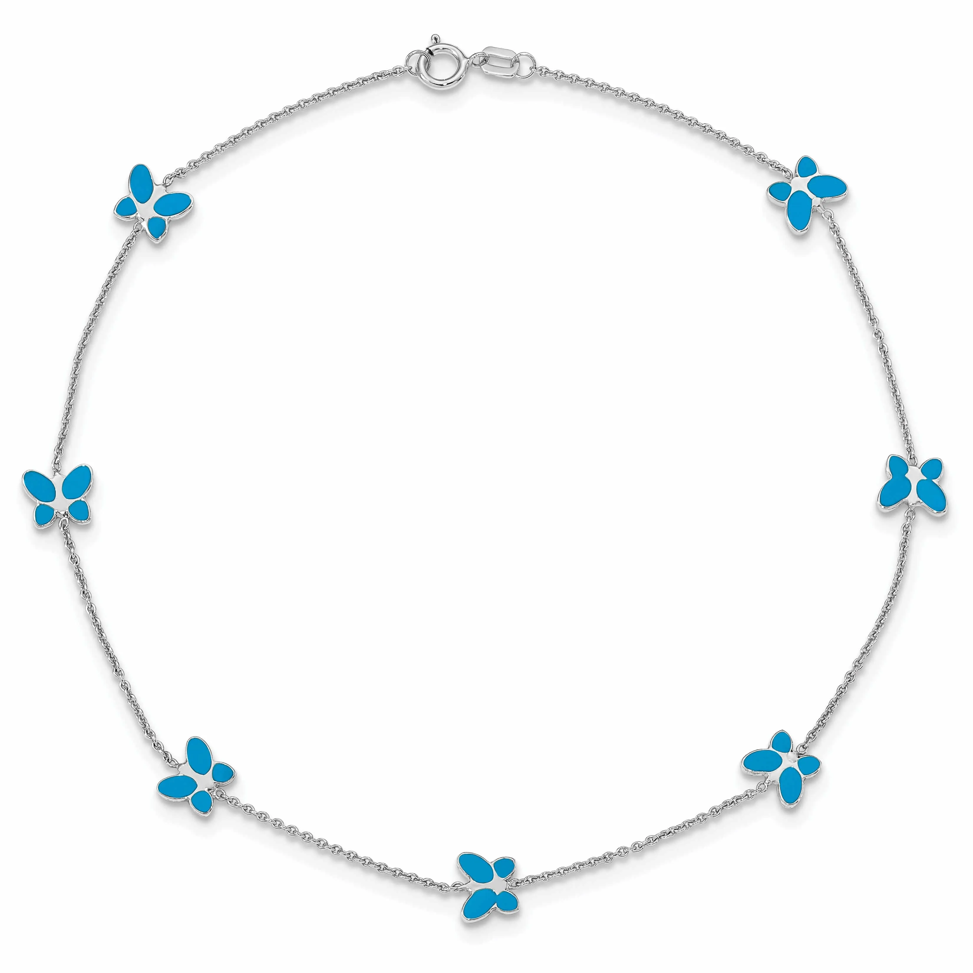 14k Gold Blue Enameled Butterfly Anklet