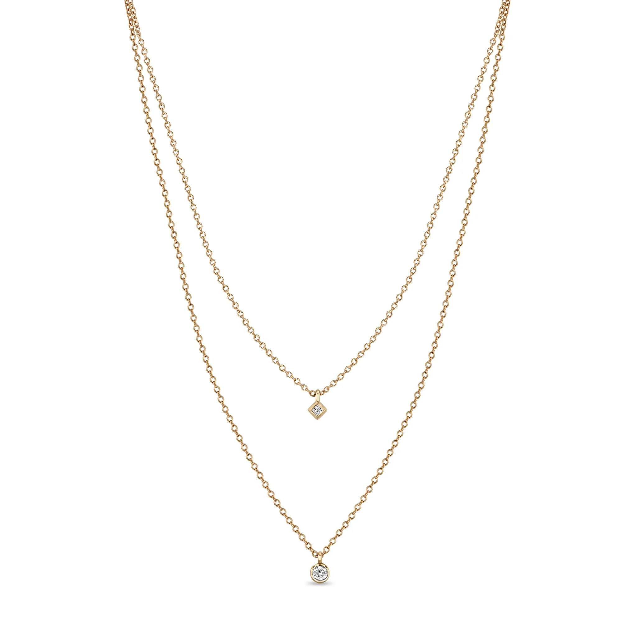 14k Round & Princess Diamond Bezel Layered Chain Necklace