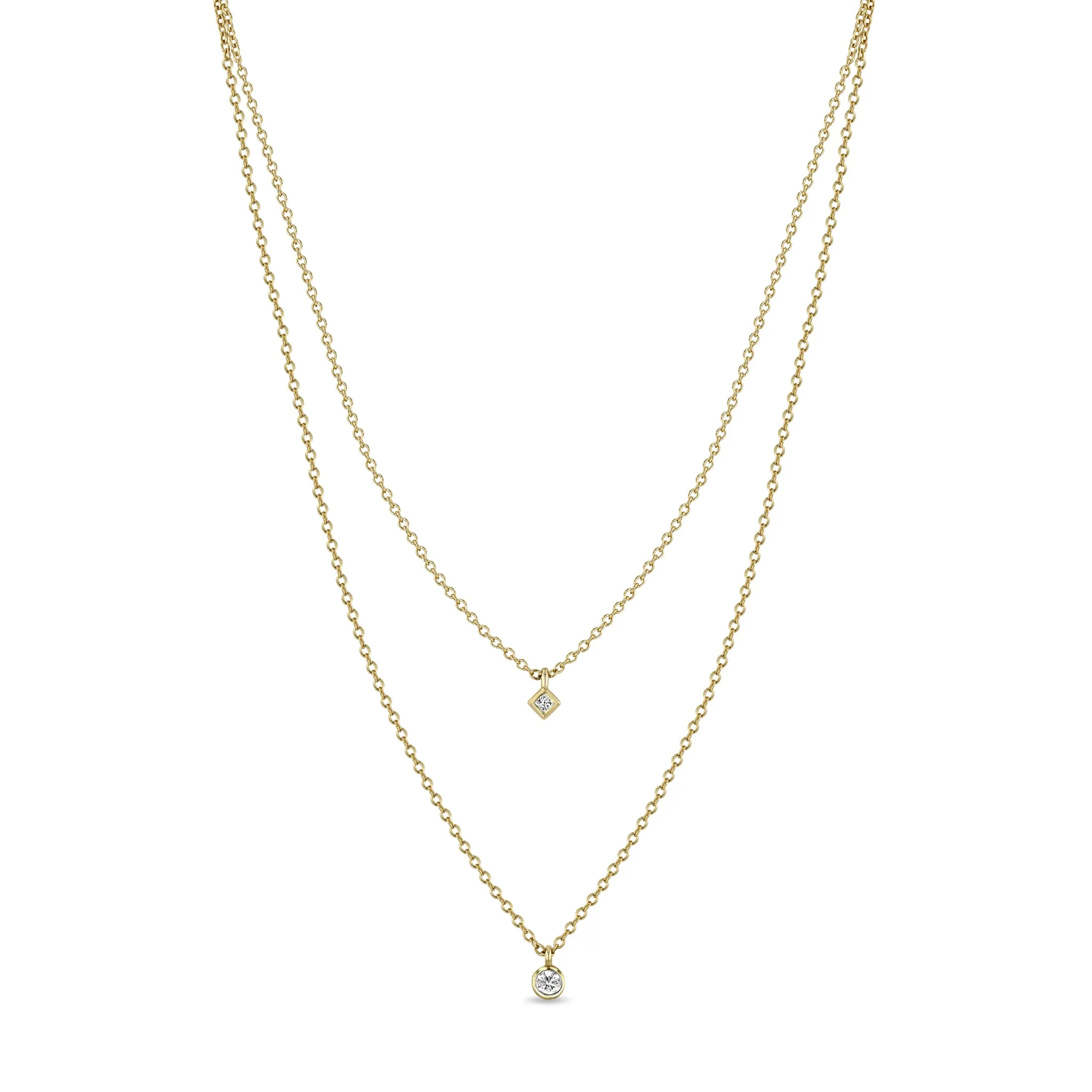 14k Round & Princess Diamond Bezel Layered Chain Necklace