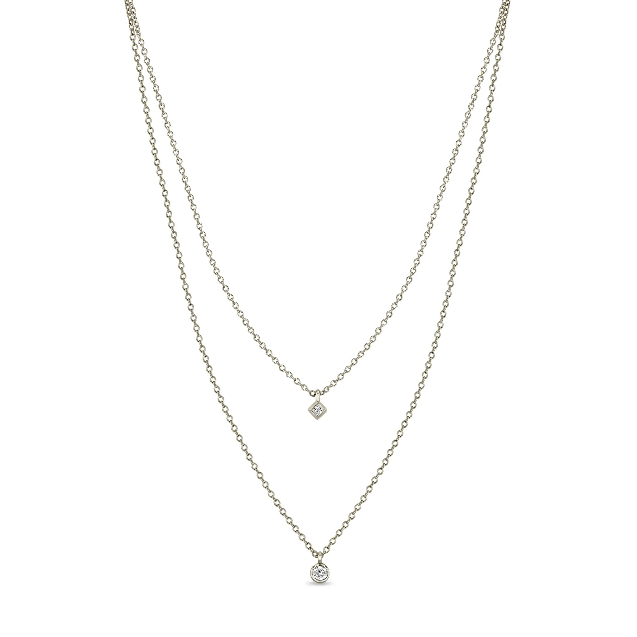 14k Round & Princess Diamond Bezel Layered Chain Necklace