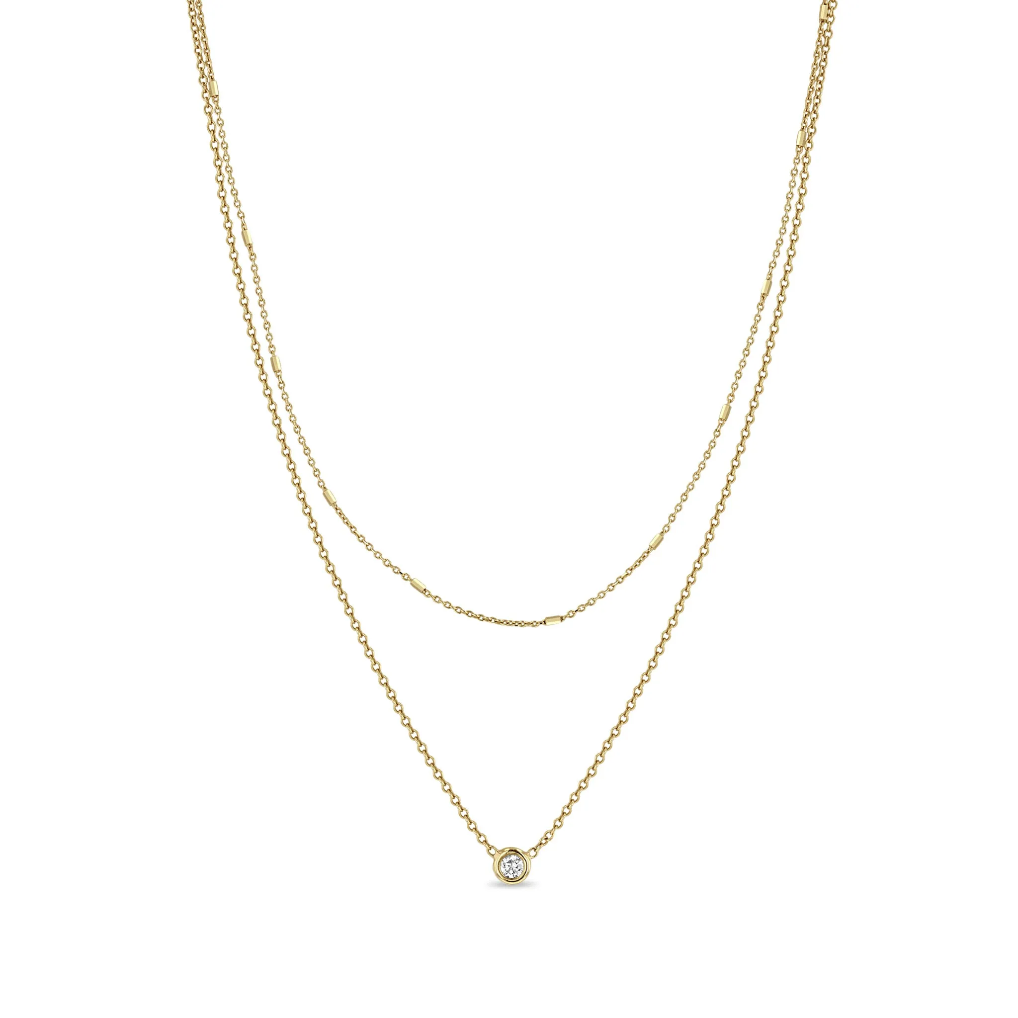 14k Tiny Bar Chain & Floating Diamond Layered Necklace