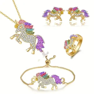 4-Pc Colorful Unicorn Rhinestone Set