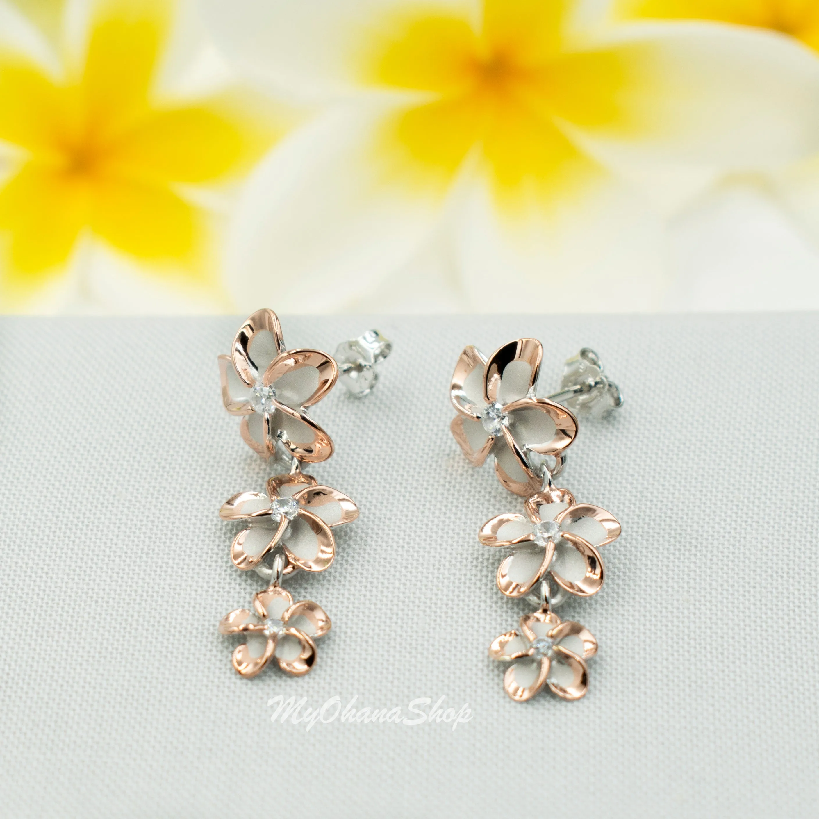 925 Sterling Silver Plumeria Earrings for Women. 1 1/4" Long, Gradual 8-10-12mm Dangling Three Flowers, Hawaiian Earrings.  Bridal Jewelry.