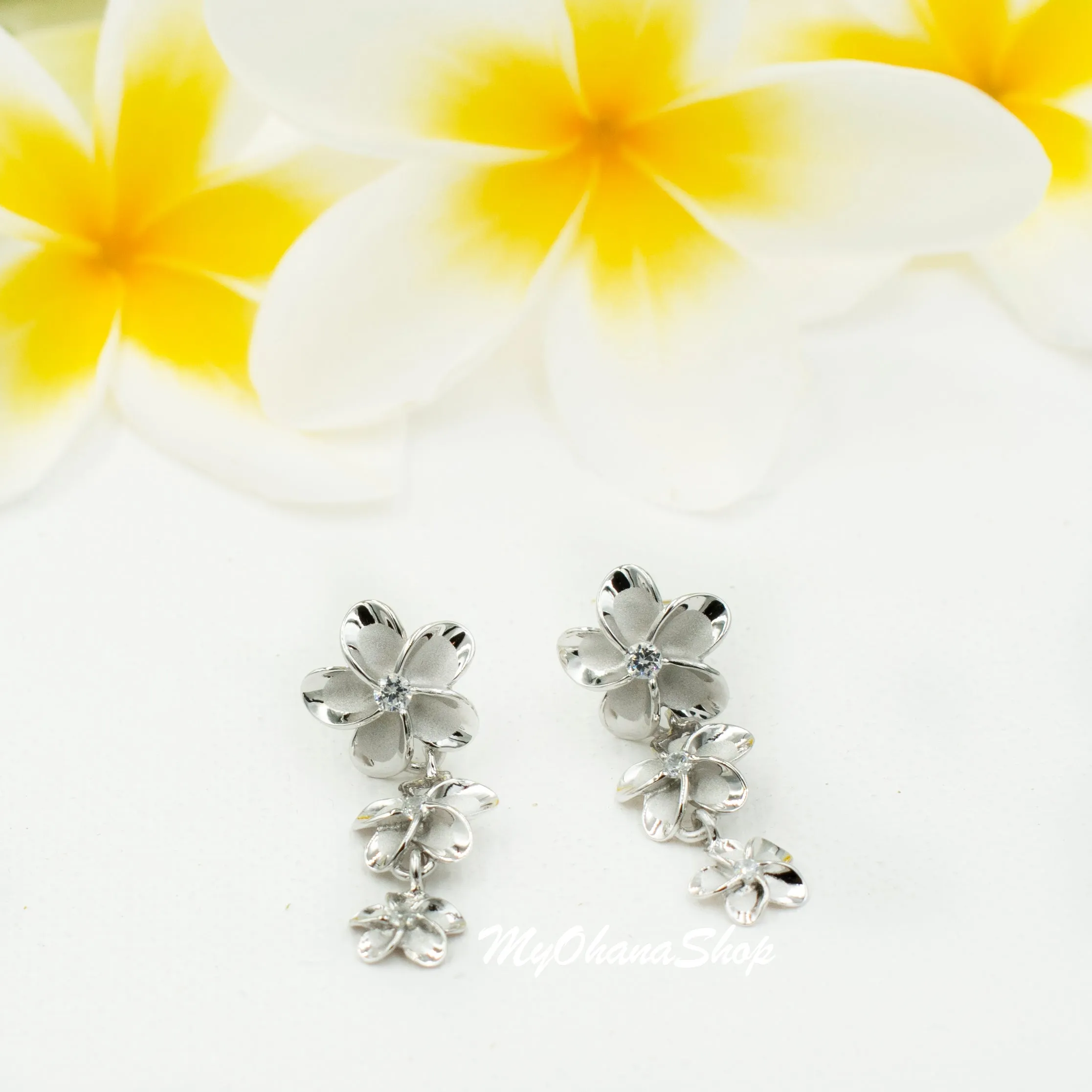 925 Sterling Silver Plumeria Earrings for Women. 1 1/4" Long, Gradual 8-10-12mm Dangling Three Flowers, Hawaiian Earrings.  Bridal Jewelry.