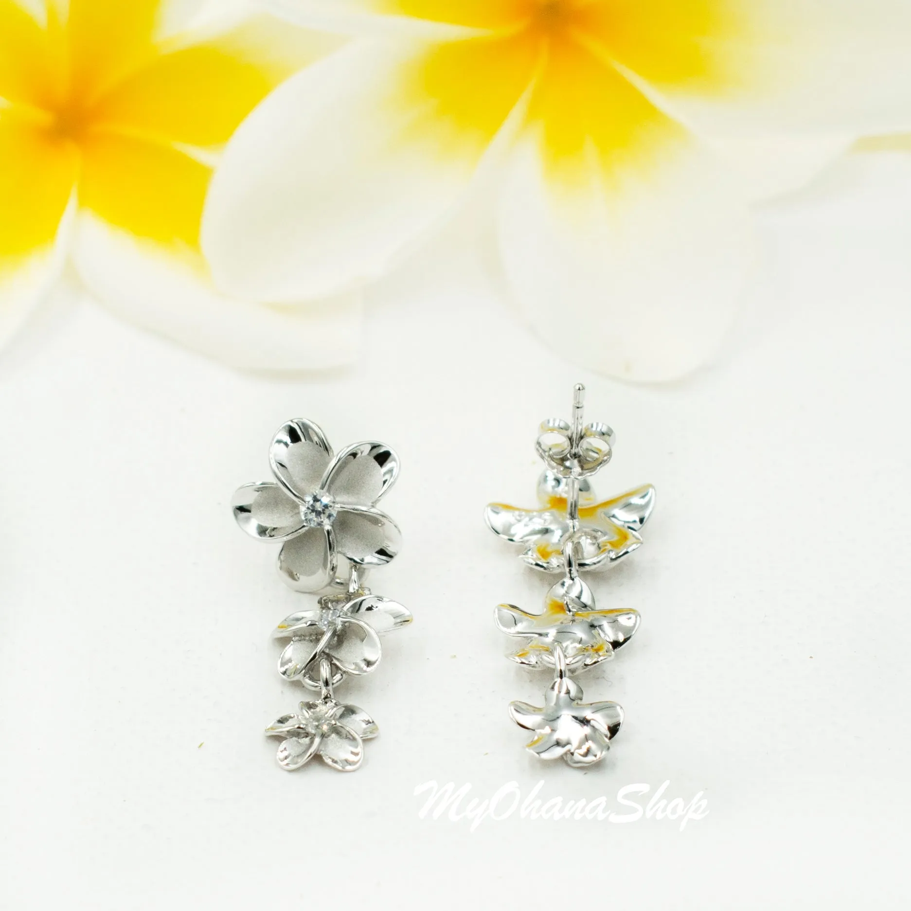 925 Sterling Silver Plumeria Earrings for Women. 1 1/4" Long, Gradual 8-10-12mm Dangling Three Flowers, Hawaiian Earrings.  Bridal Jewelry.