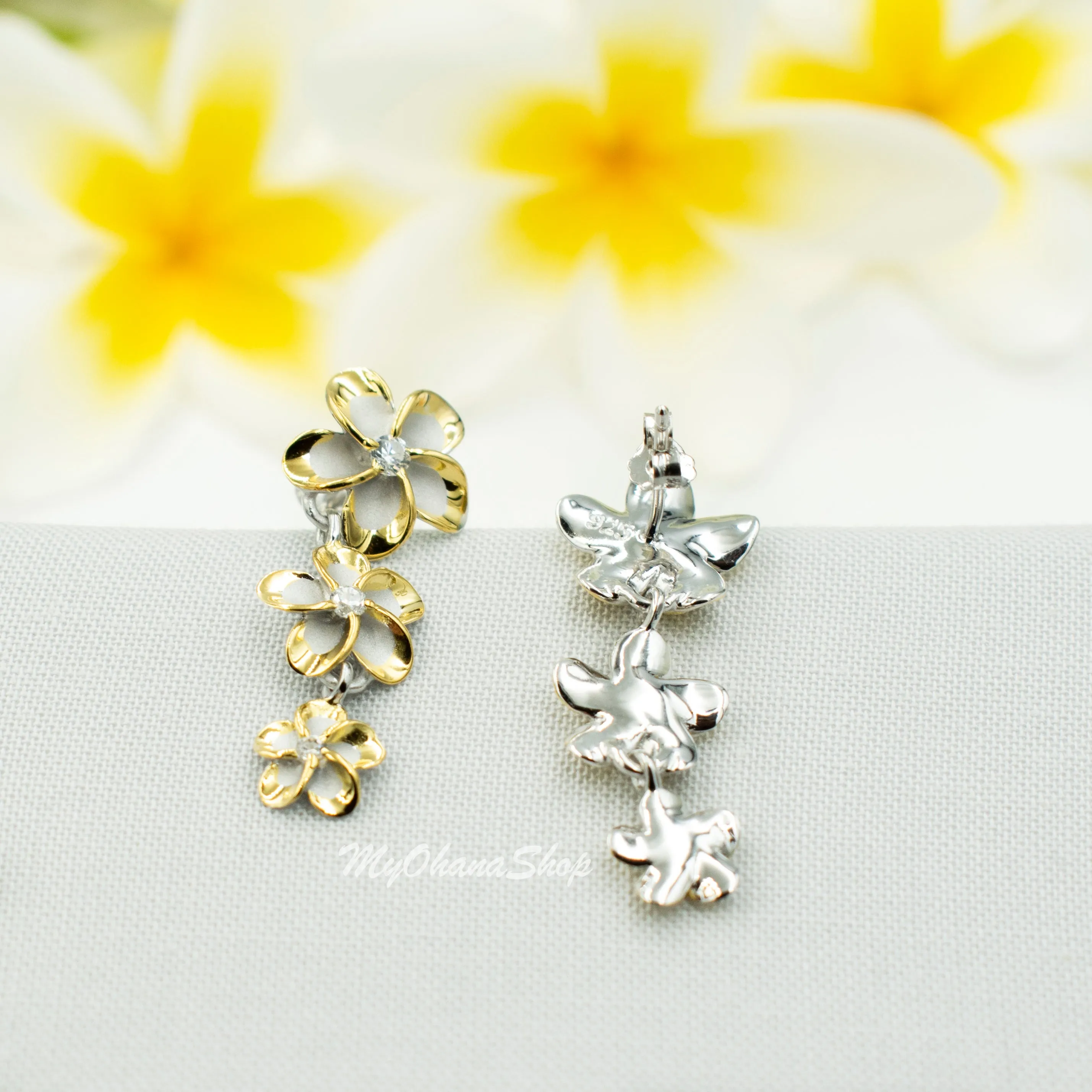 925 Sterling Silver Plumeria Earrings for Women. 1 1/4" Long, Gradual 8-10-12mm Dangling Three Flowers, Hawaiian Earrings.  Bridal Jewelry.