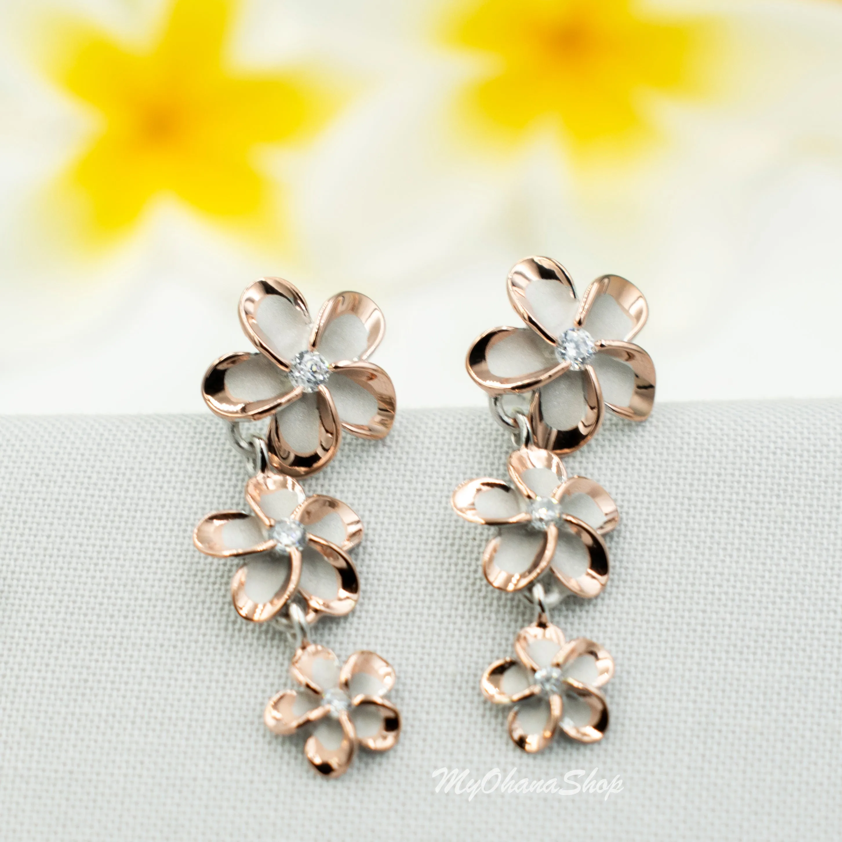 925 Sterling Silver Plumeria Earrings for Women. 1 1/4" Long, Gradual 8-10-12mm Dangling Three Flowers, Hawaiian Earrings.  Bridal Jewelry.