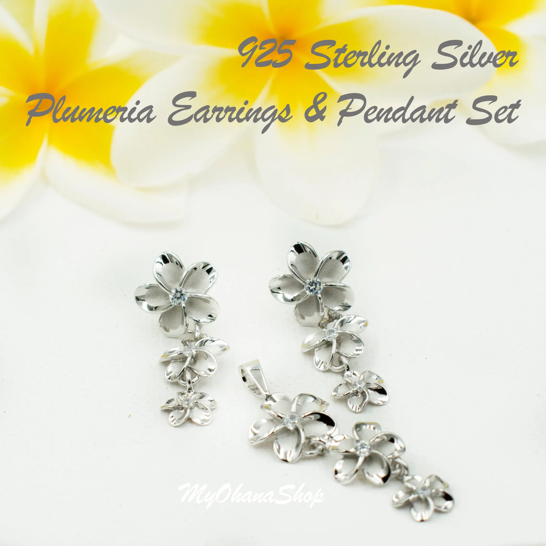 925 Sterling Silver Plumeria Earrings for Women. 1 1/4" Long, Gradual 8-10-12mm Dangling Three Flowers, Hawaiian Earrings.  Bridal Jewelry.