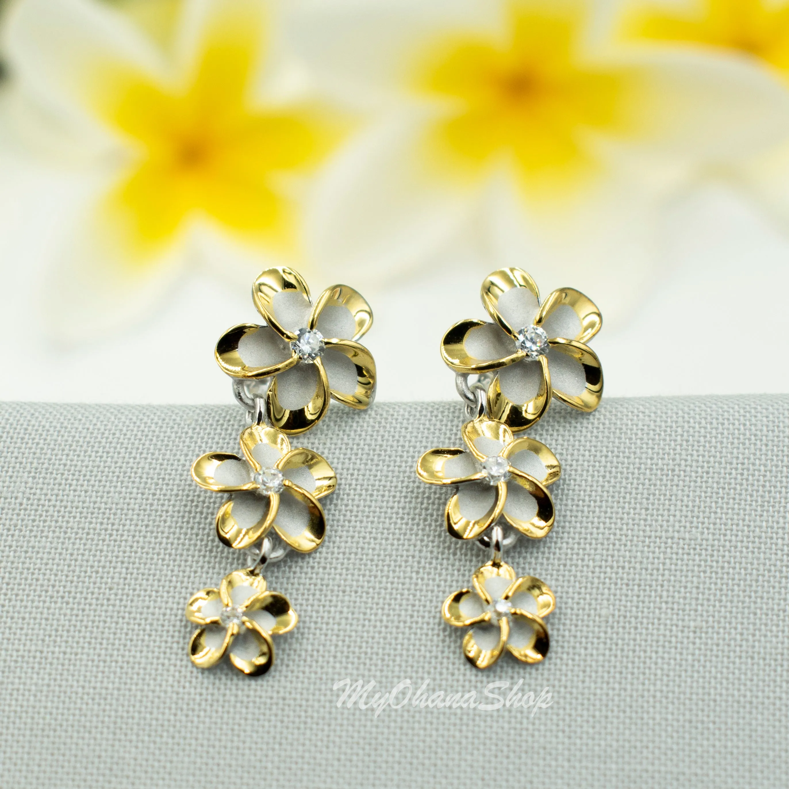 925 Sterling Silver Plumeria Earrings for Women. 1 1/4" Long, Gradual 8-10-12mm Dangling Three Flowers, Hawaiian Earrings.  Bridal Jewelry.