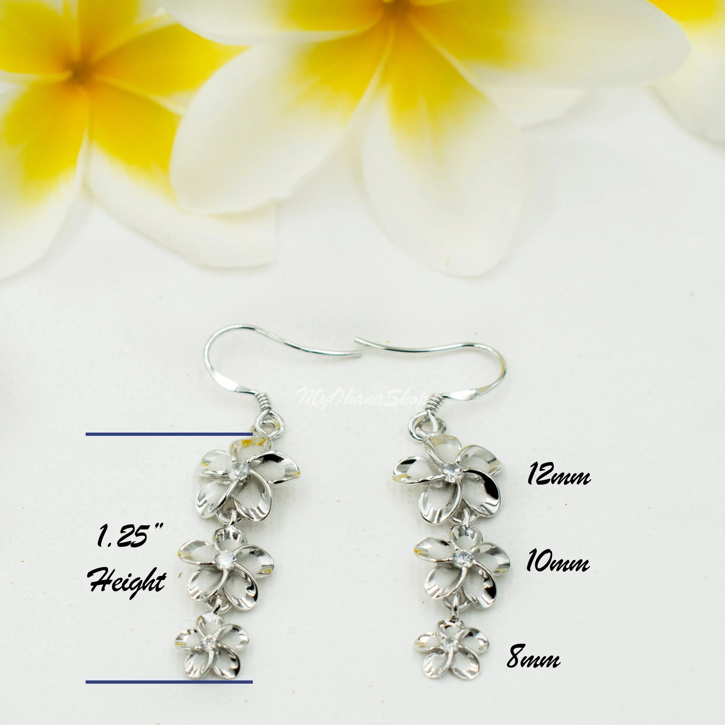 925 Sterling Silver Plumeria Earrings for Women. 1 1/4" Long, Gradual 8-10-12mm Dangling Three Flowers, Hawaiian Earrings.  Bridal Jewelry.