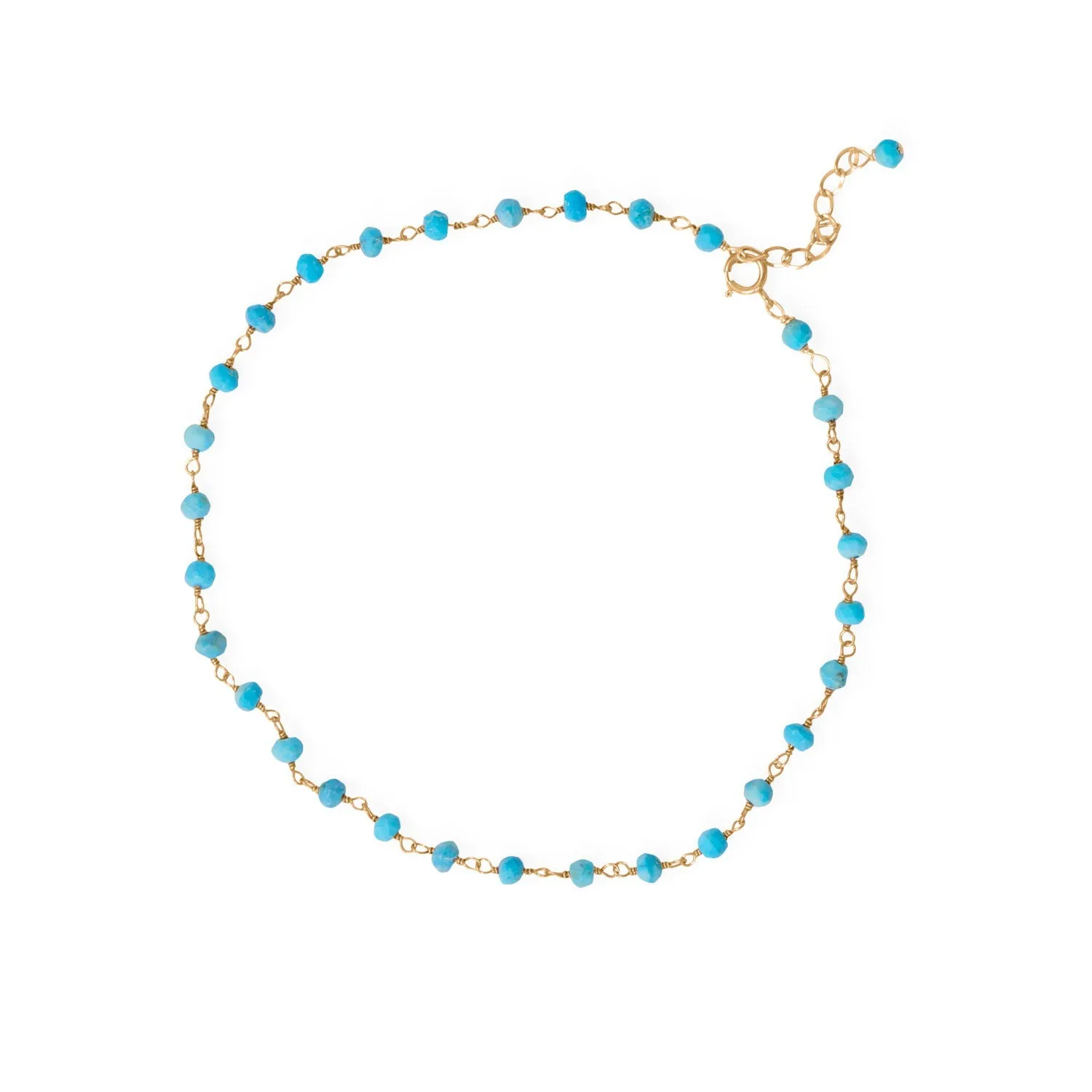 9.5"   1" 14 Karat Gold Plated Synthetic Turquoise Bead Anklet