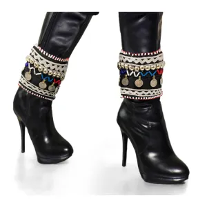 Afghan Tribal Womens Ankle Boot Cuff Set in Colorful Embroidered Fabric with Coins and Beads For Gifts Belly Dancing Beach Travel - Duel On Jewel