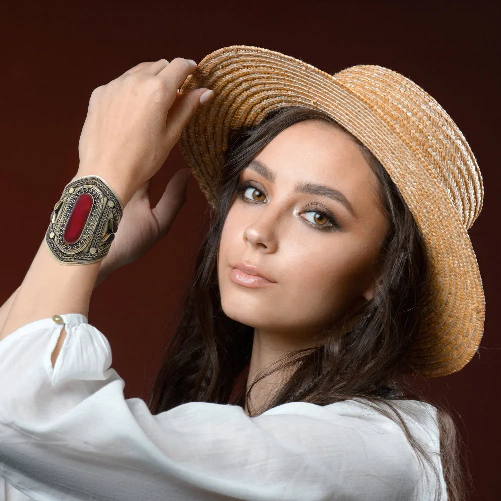 Afghan Tribal Womens Handmade Oxidized Engraved Big Vintage Cuff in Red Stone - Boho Chic Trendy Stylish - Duel On Jewel