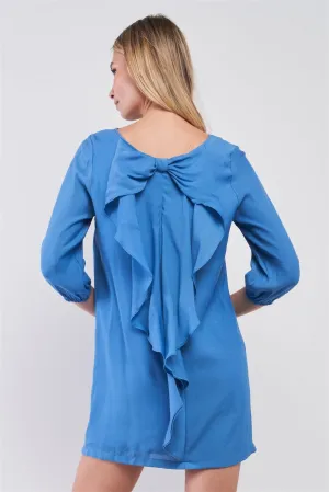 Azure Blue Balloon Sleeve Bow Back Detail Straight-Cut Loose Mini Dress /3-3