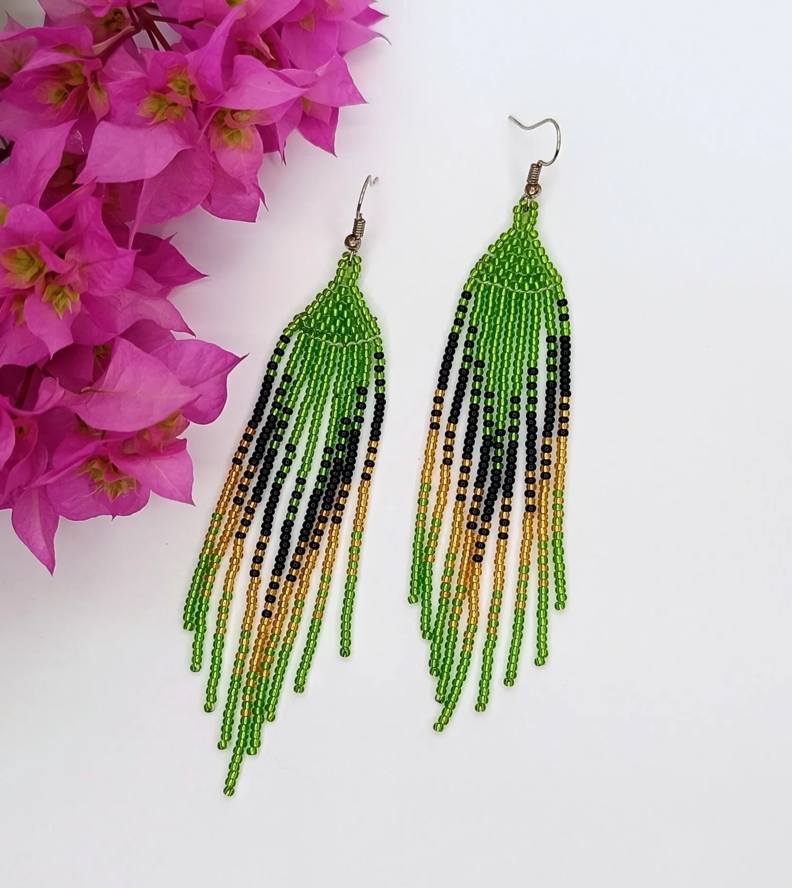 Beaded Dangle Earrings - Green and Gold