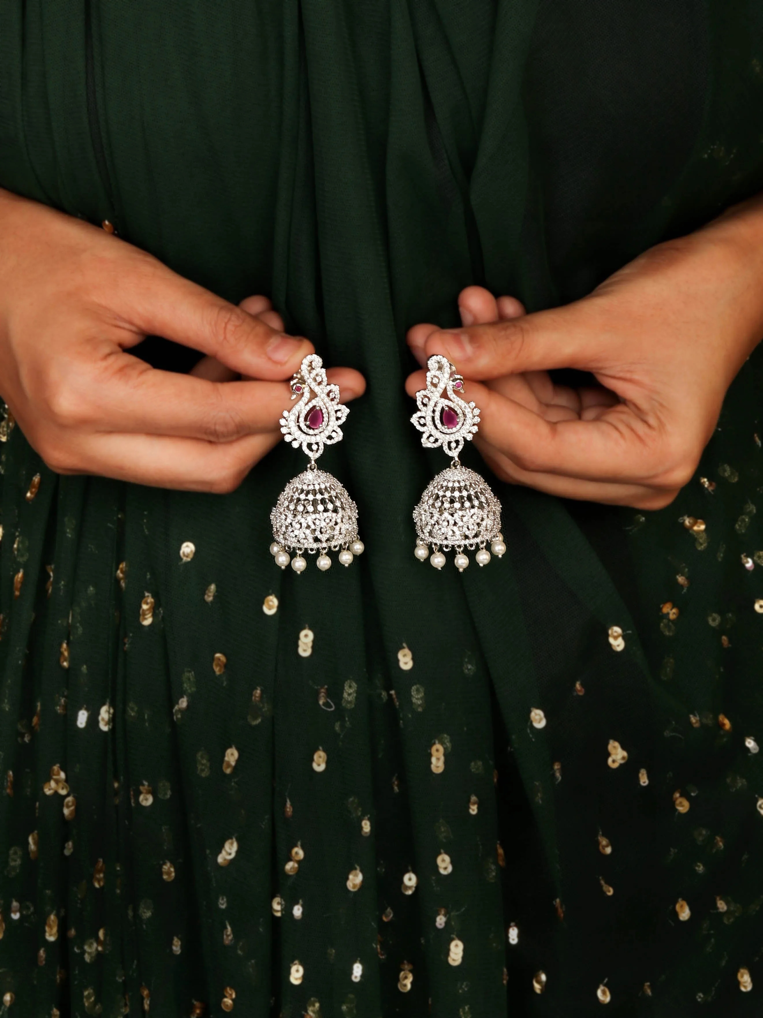 Beautiful Silver Finished Peacock Inspired Style Jhumka With Ruby Color Stone and Pearls for Women