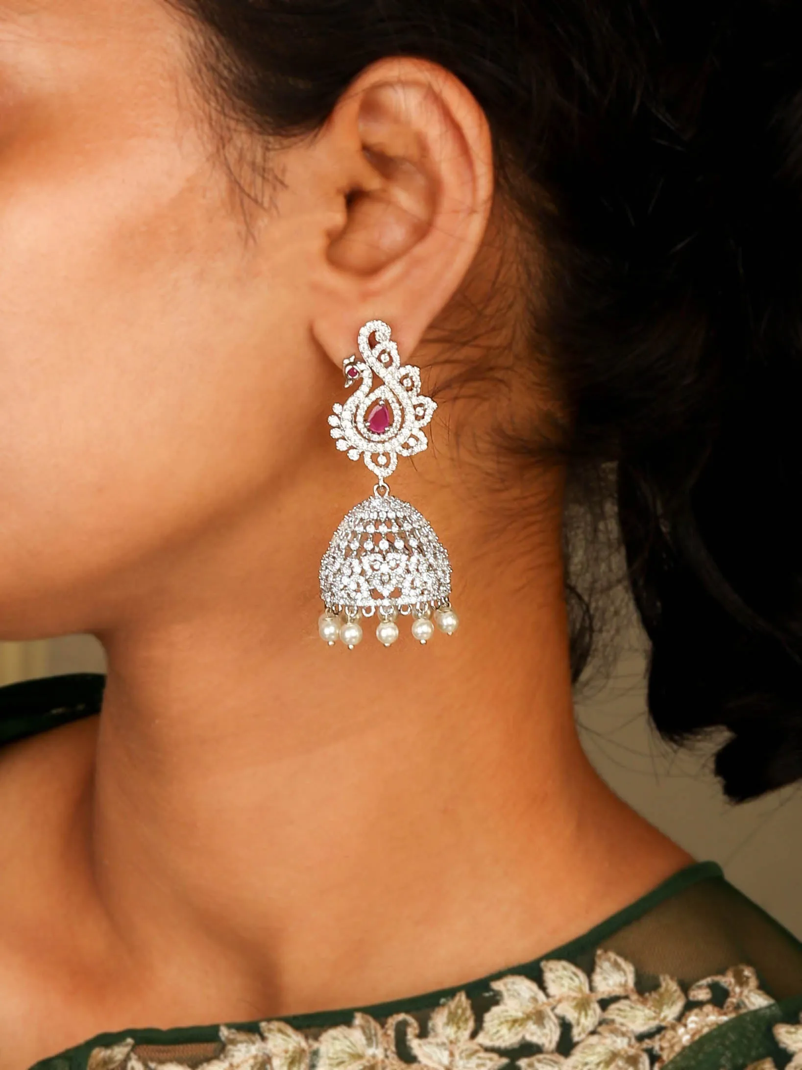 Beautiful Silver Finished Peacock Inspired Style Jhumka With Ruby Color Stone and Pearls for Women