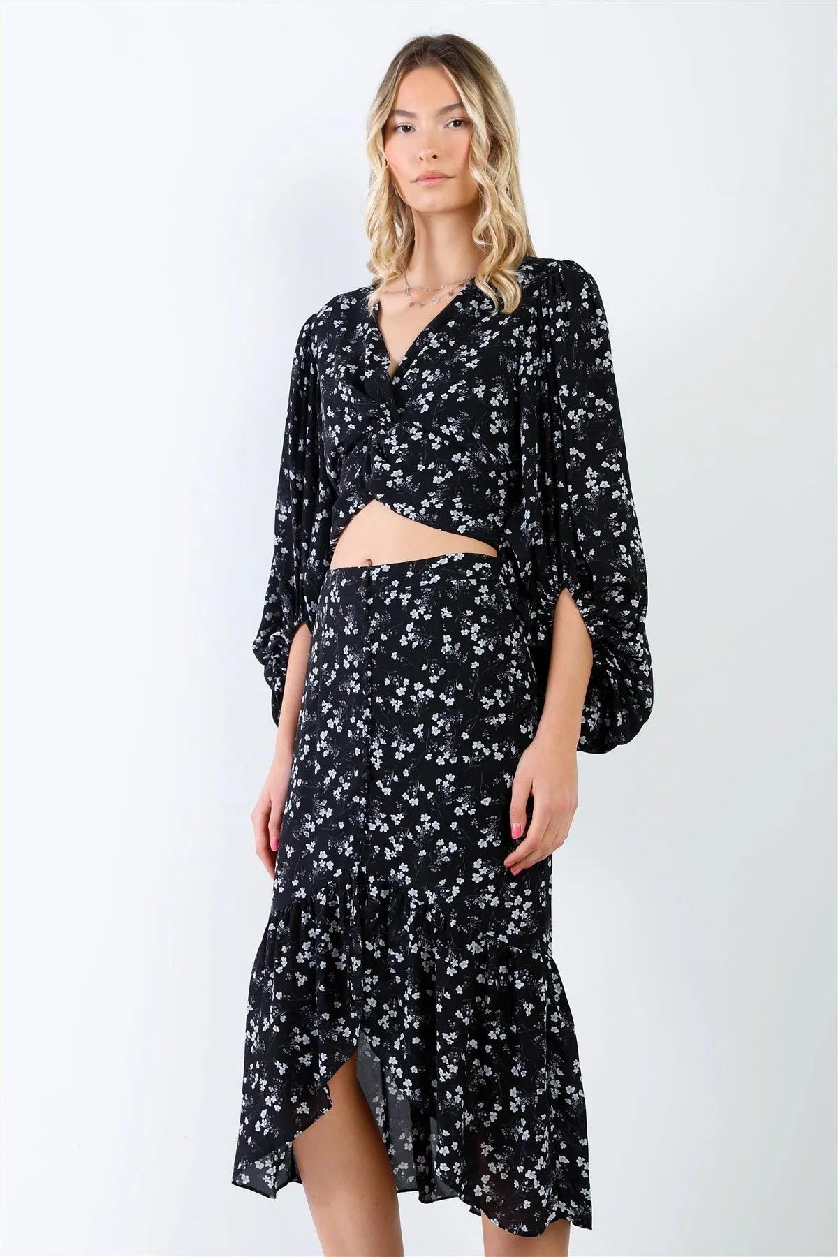 Black & White Floral Twist Detail Puff Balloon Midi Sleeve Top & Button Up Ruffle Hem High-Low Midi Skirt Set /2-1-1