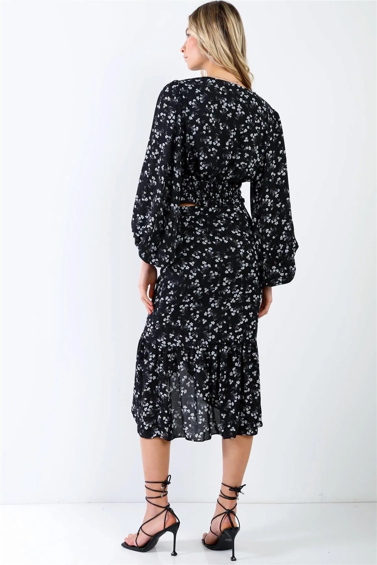 Black & White Floral Twist Detail Puff Balloon Midi Sleeve Top & Button Up Ruffle Hem High-Low Midi Skirt Set /2-1-1