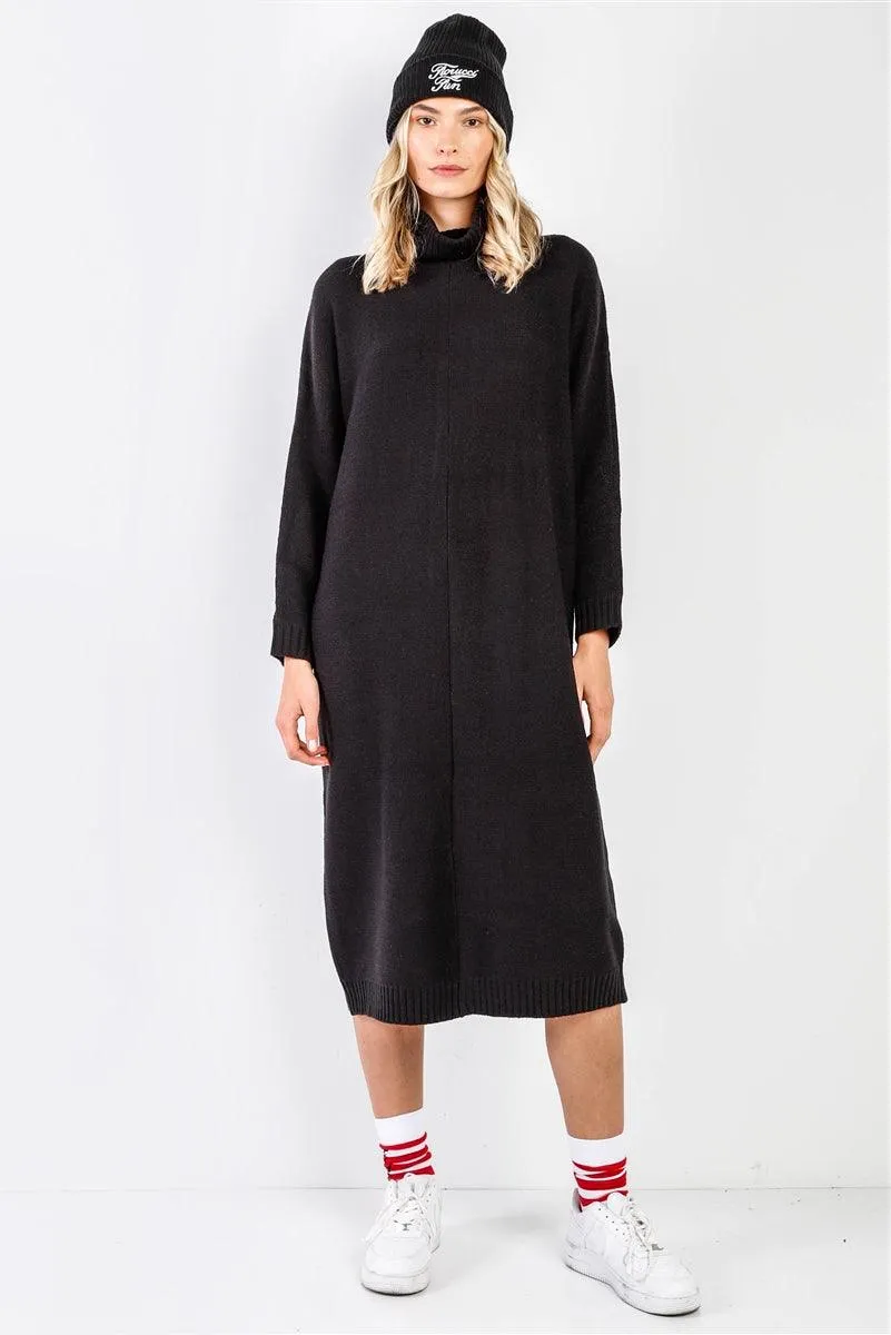 Black Knit Turtleneck Dolman Sleeve Oversized Maxi Dress /1-2-2