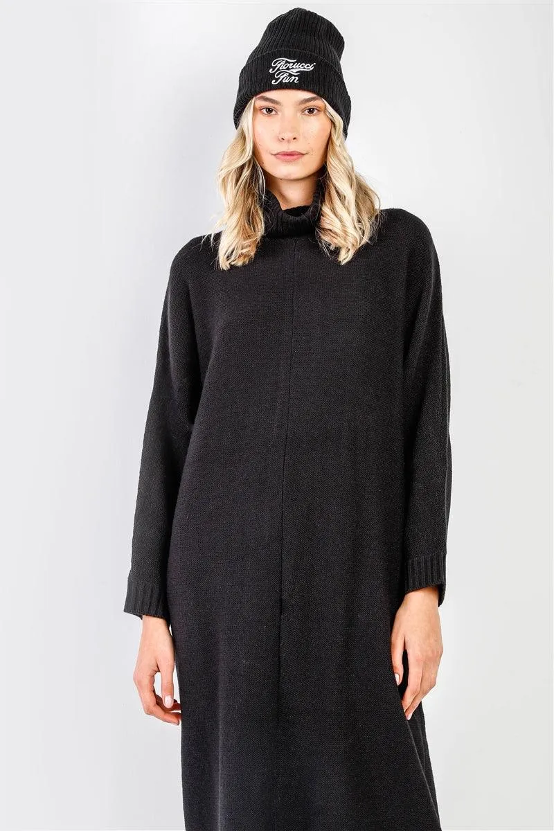 Black Knit Turtleneck Dolman Sleeve Oversized Maxi Dress /1-2-2