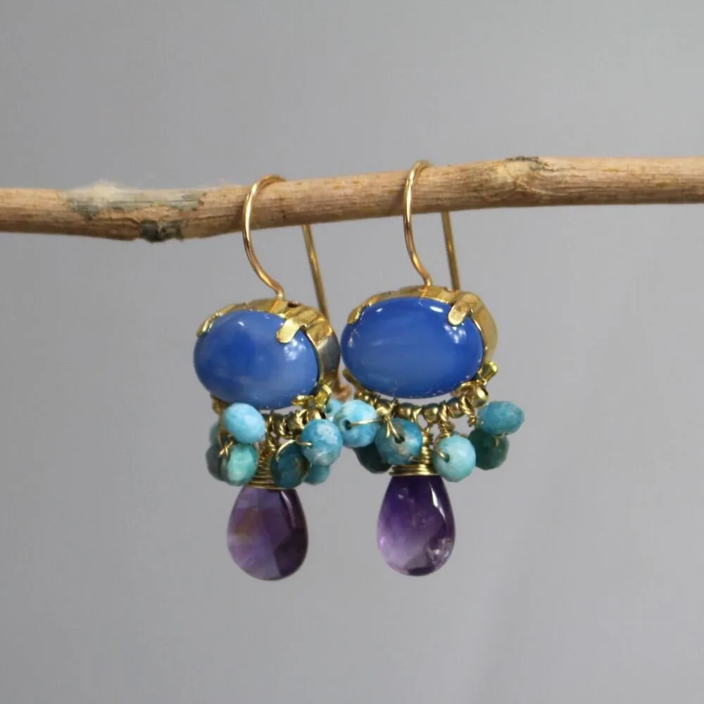 Blue Agate Amethyst Orchid Earrings