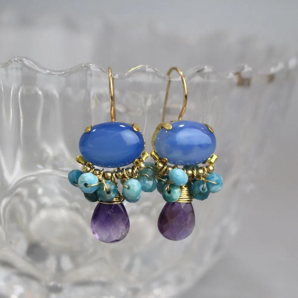 Blue Agate Amethyst Orchid Earrings