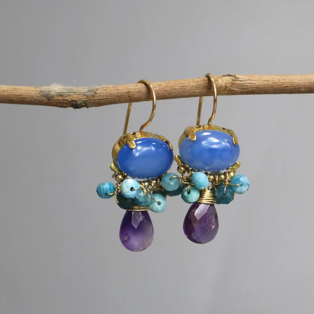 Blue Agate Amethyst Orchid Earrings