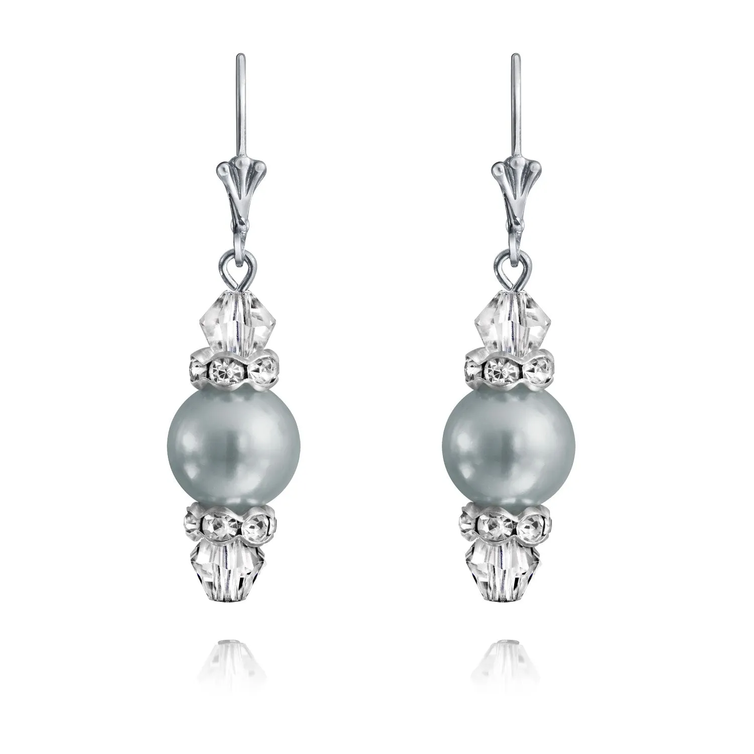 Bridal Crystal & Simulated Pearl Dangle Earrings Sterling Silver Pink & Grey