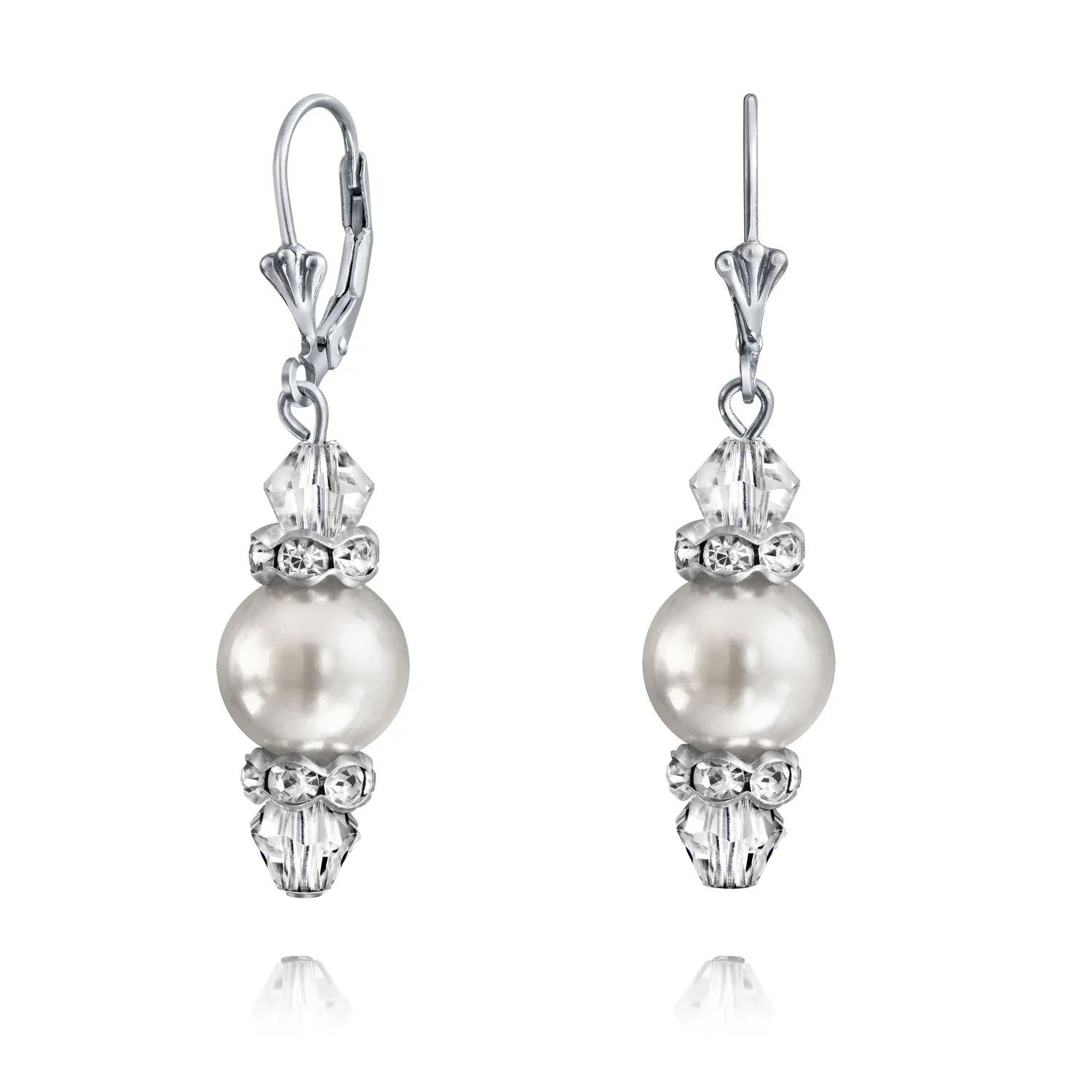 Bridal Crystal & Simulated Pearl Dangle Earrings Sterling Silver Pink & Grey