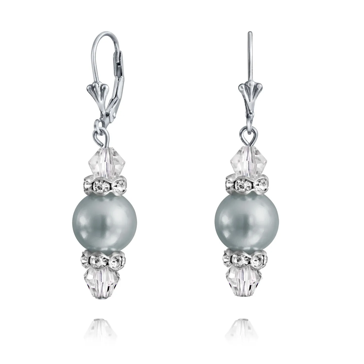 Bridal Crystal & Simulated Pearl Dangle Earrings Sterling Silver Pink & Grey