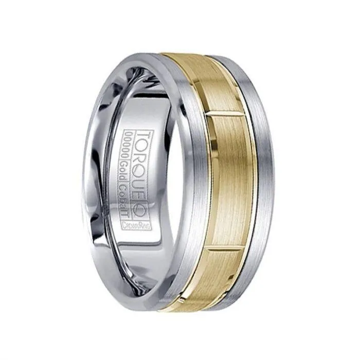 Brushed White Cobalt Men’s Wedding Band 14k Yellow Gold Inlay with Grooves - 9mm