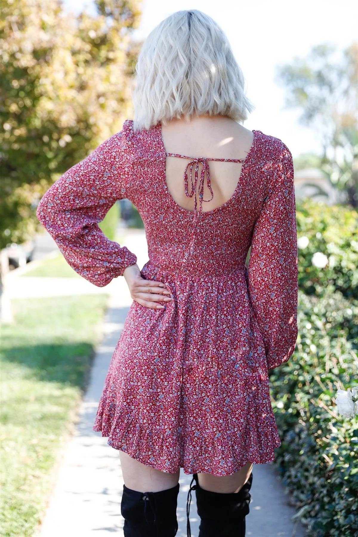 Burgundy & White Floral Smocked Puff Balloon Sleeve Open Back Self-Tie Detail Dress /2-2-1