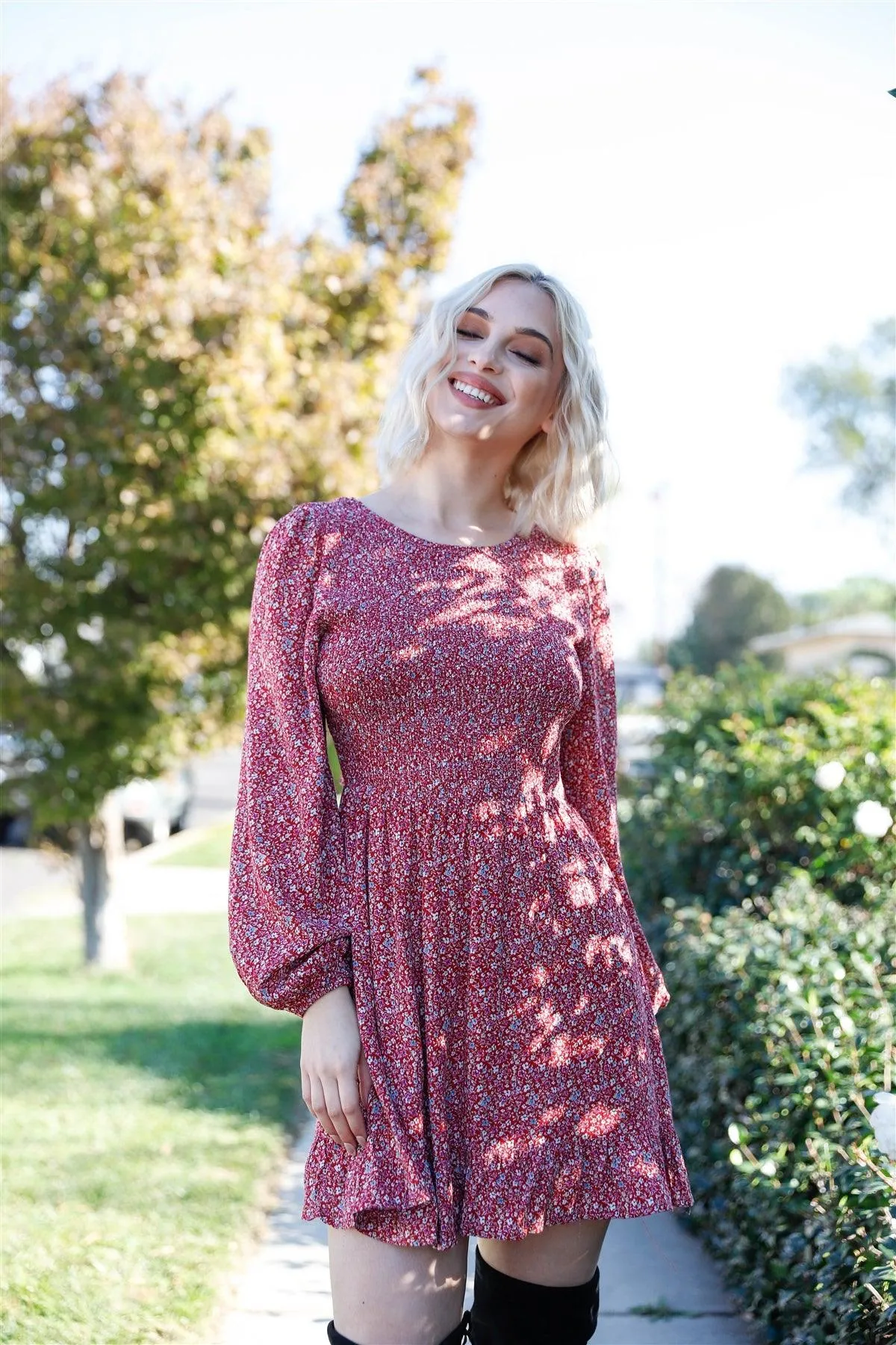 Burgundy & White Floral Smocked Puff Balloon Sleeve Open Back Self-Tie Detail Dress /2-2-1