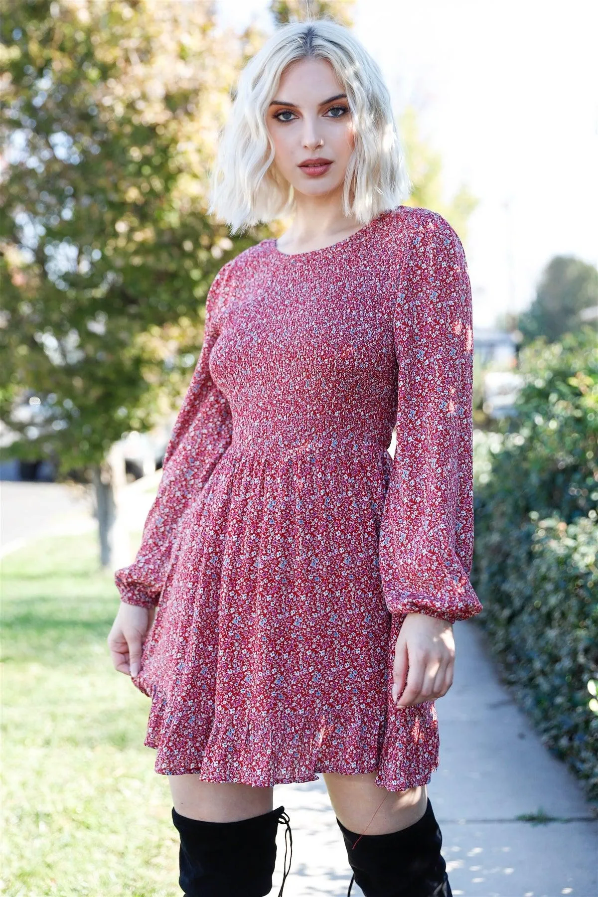 Burgundy & White Floral Smocked Puff Balloon Sleeve Open Back Self-Tie Detail Dress /2-2-1