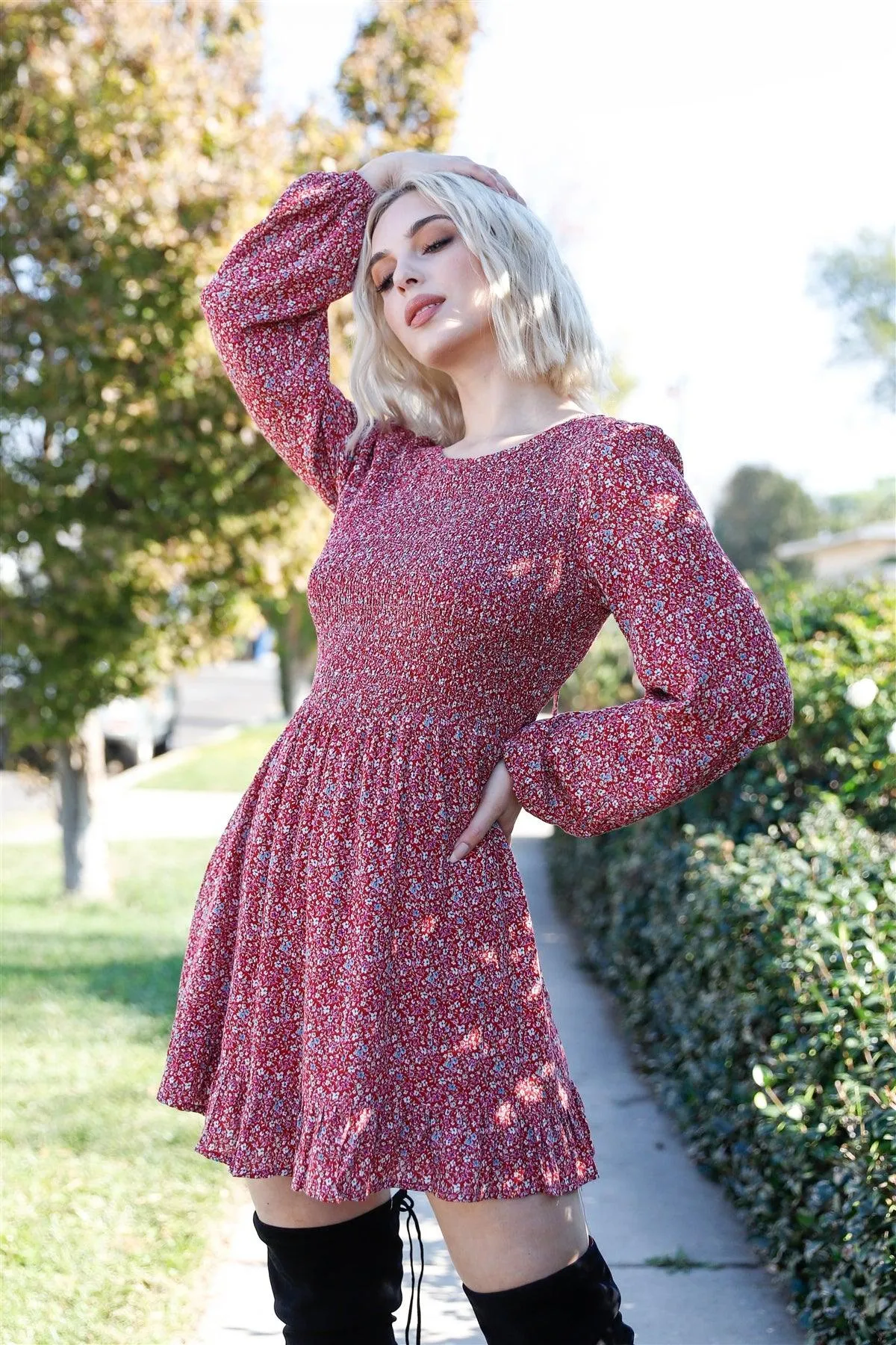 Burgundy & White Floral Smocked Puff Balloon Sleeve Open Back Self-Tie Detail Dress /2-2-1