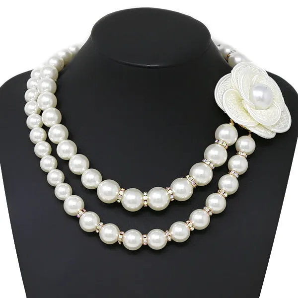 Camelia Flower Detail Pearl Beaded Layered Necklace