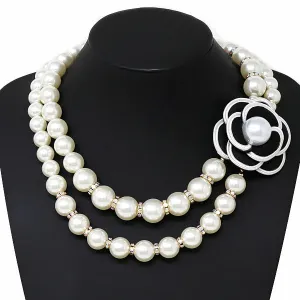 Camelia Flower Detail Pearl Beaded Layered Necklace