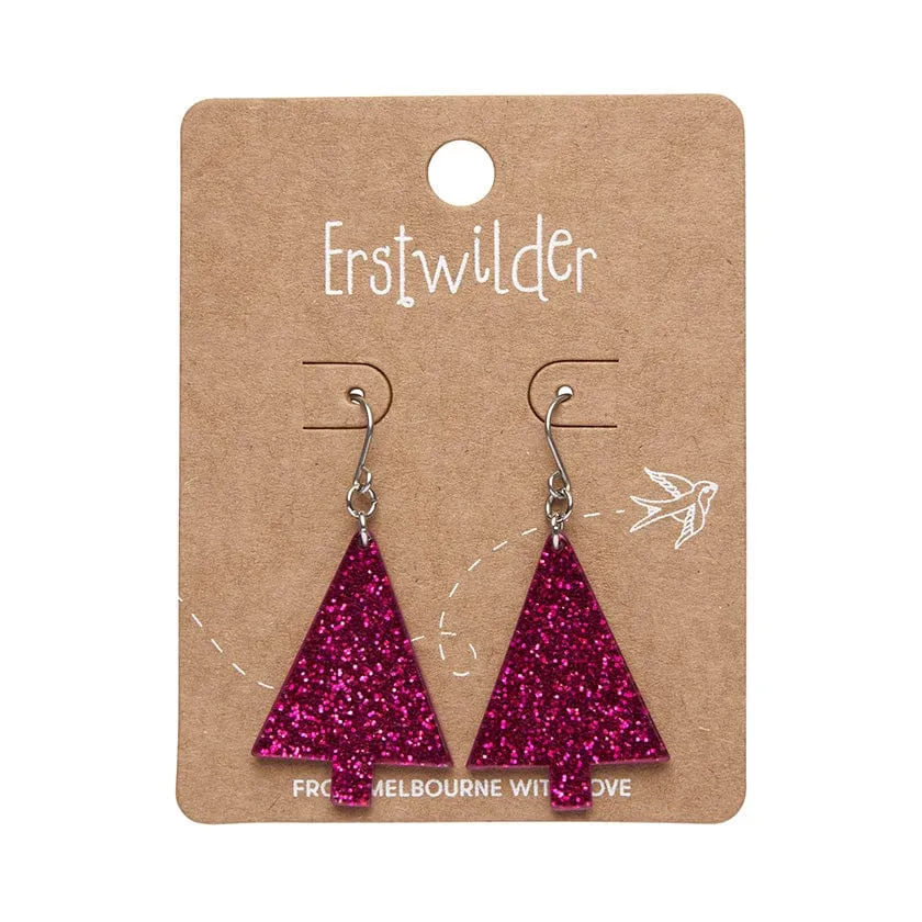 Christmas Tree Fine Glitter Drop Earrings - Pink