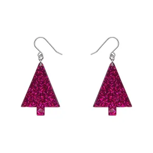 Christmas Tree Fine Glitter Drop Earrings - Pink