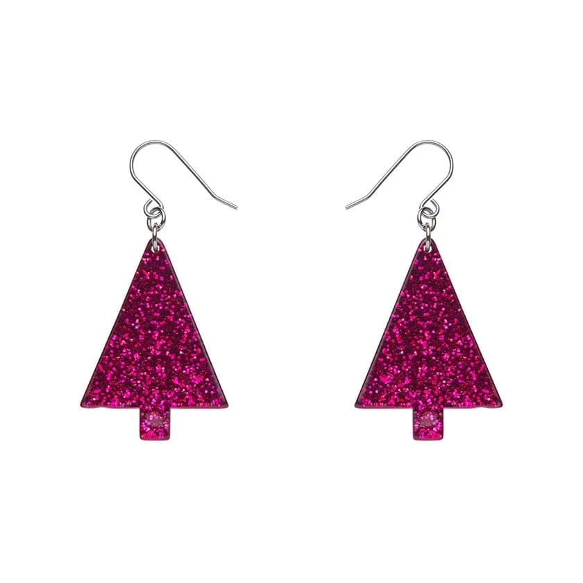 Christmas Tree Fine Glitter Drop Earrings - Pink