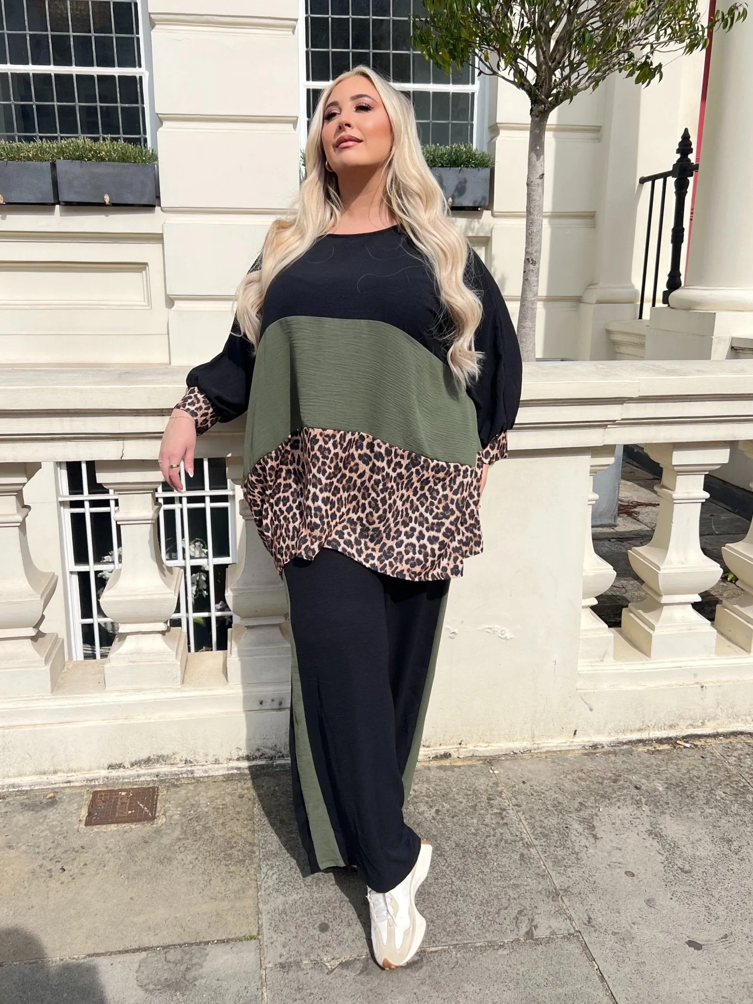 Curve Khaki Leopard Wide Leg Trouser Set