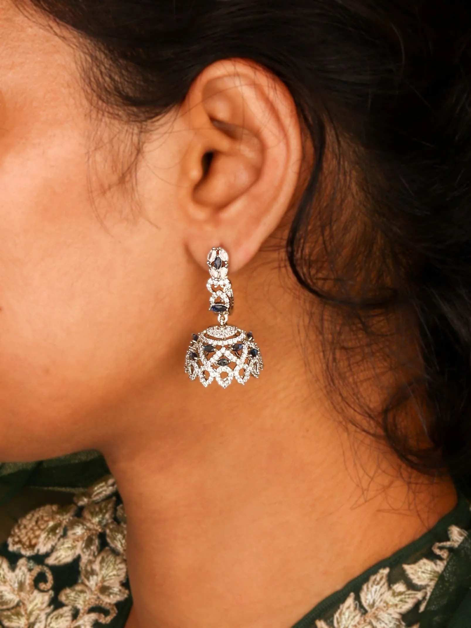 Dazzling Rhodium Plated Jhumkas With Blue Zircon Stones for Women