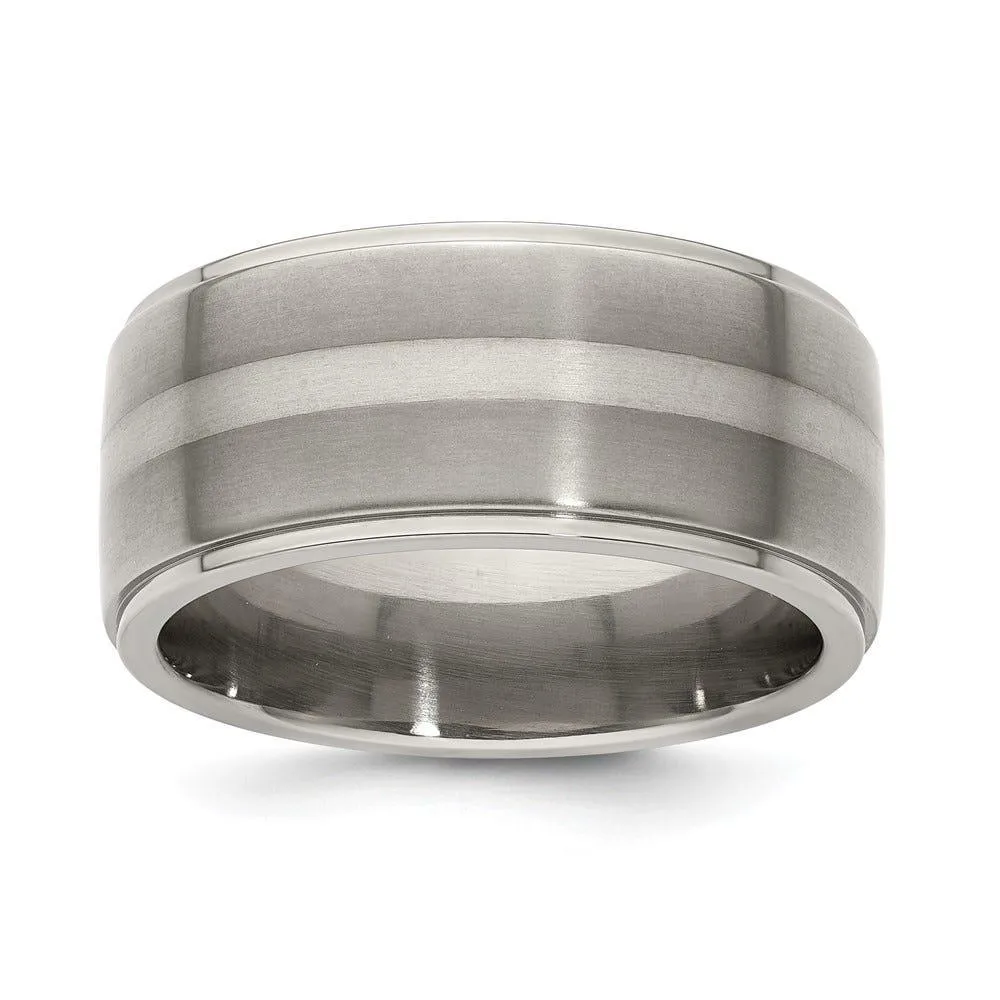 Edward Mirell Titanium Brushed/Polished with Argentium Sterling Silver Inlay Flat 10mm Band