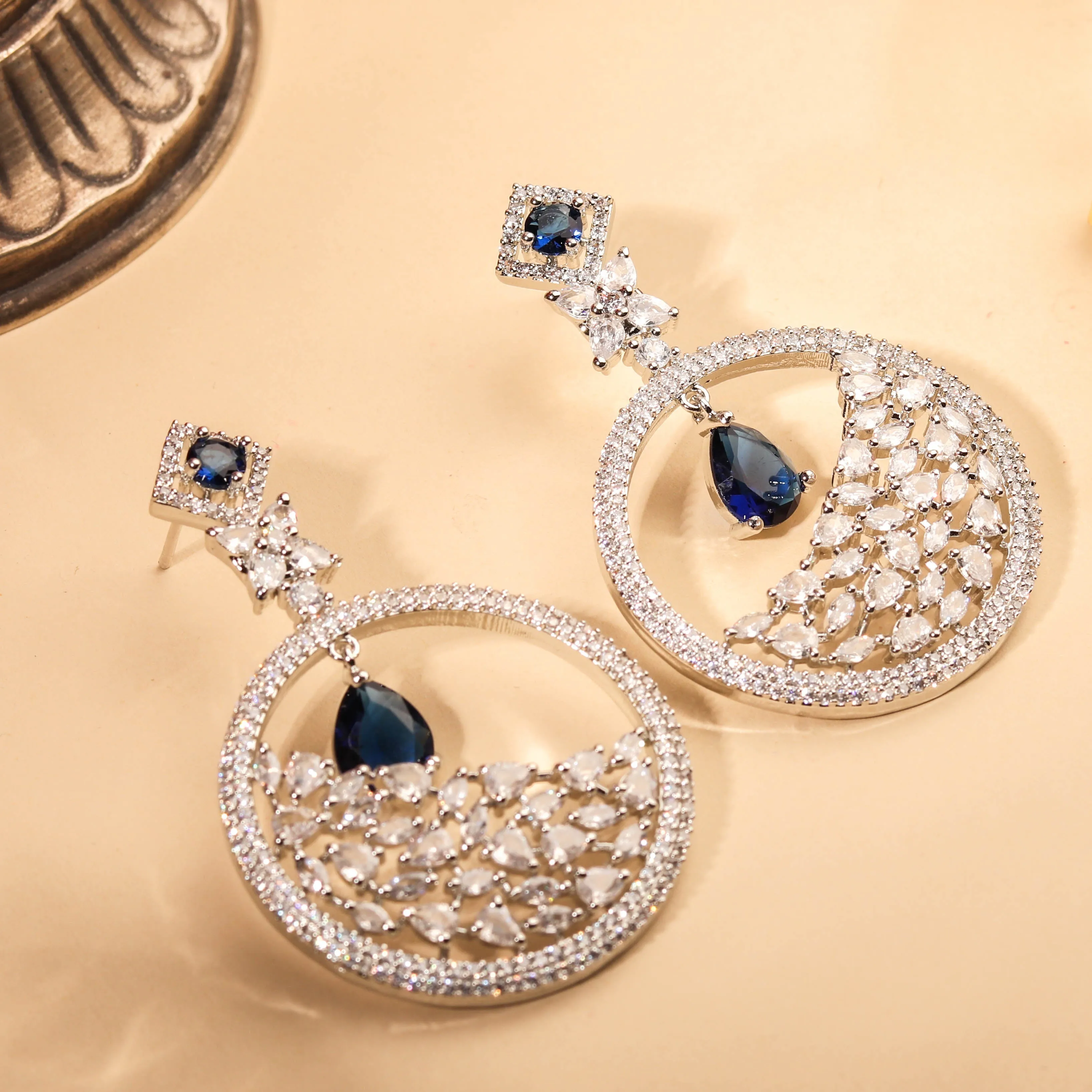 Exquisite Rhodium Plated Sapphire Blue and White Danglers For Women