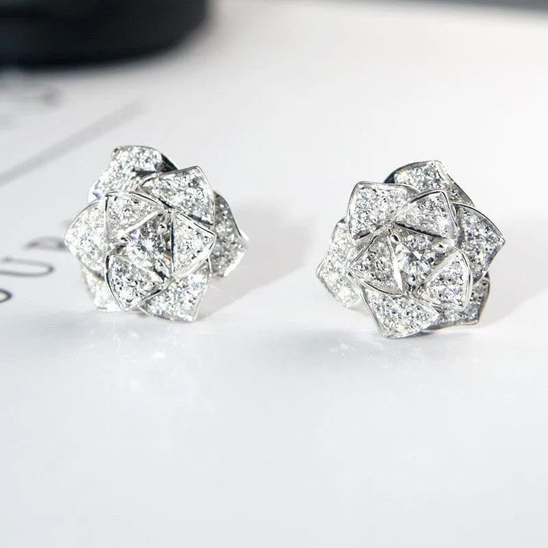 Flower Diamond Stud Earrings - 925 Sterling Silver