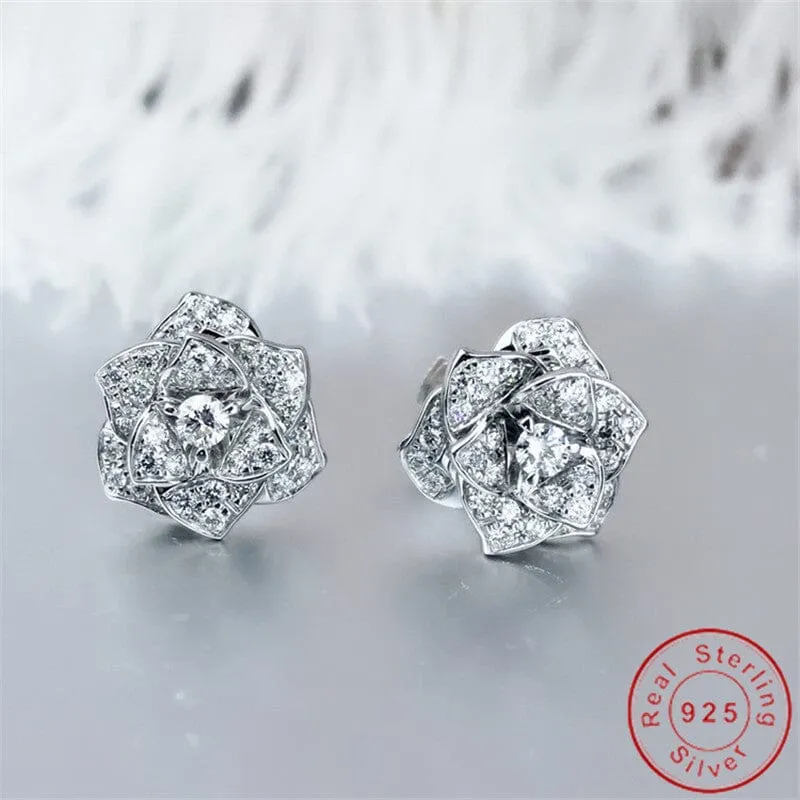 Flower Diamond Stud Earrings - 925 Sterling Silver