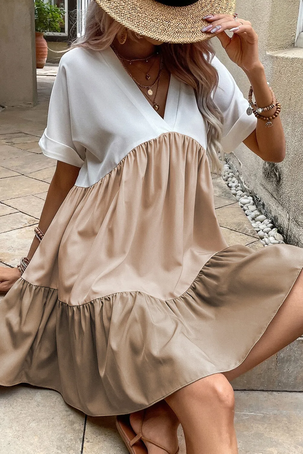 Folded Cuffs Tiered Ruffle Dress