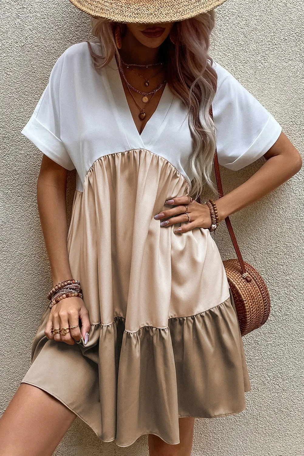 Folded Cuffs Tiered Ruffle Dress