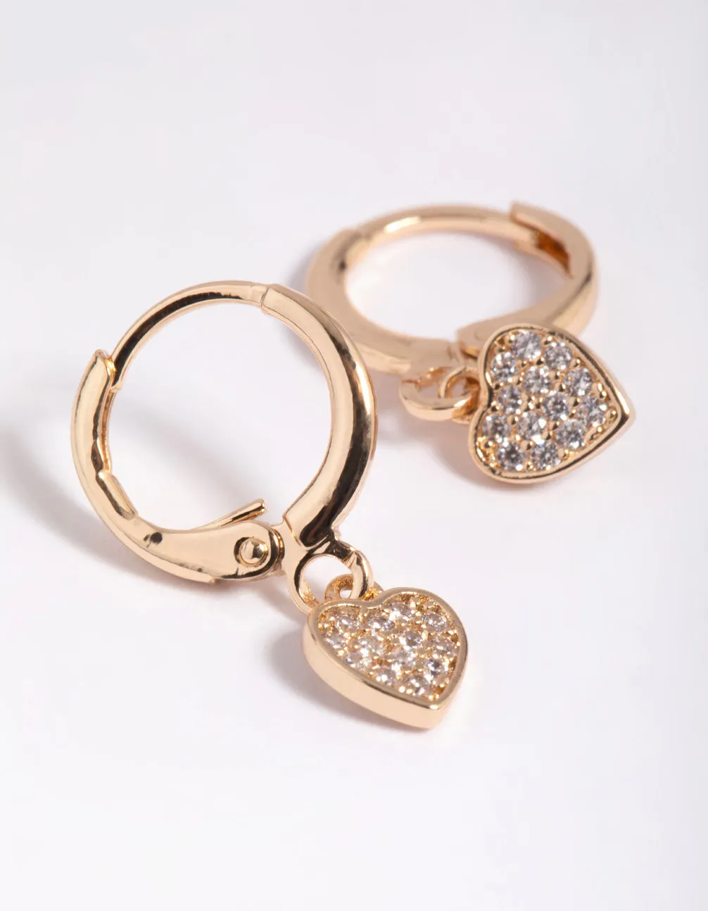 Gold Cubic Zirconia Heart Charm Huggie Hoop Earrings